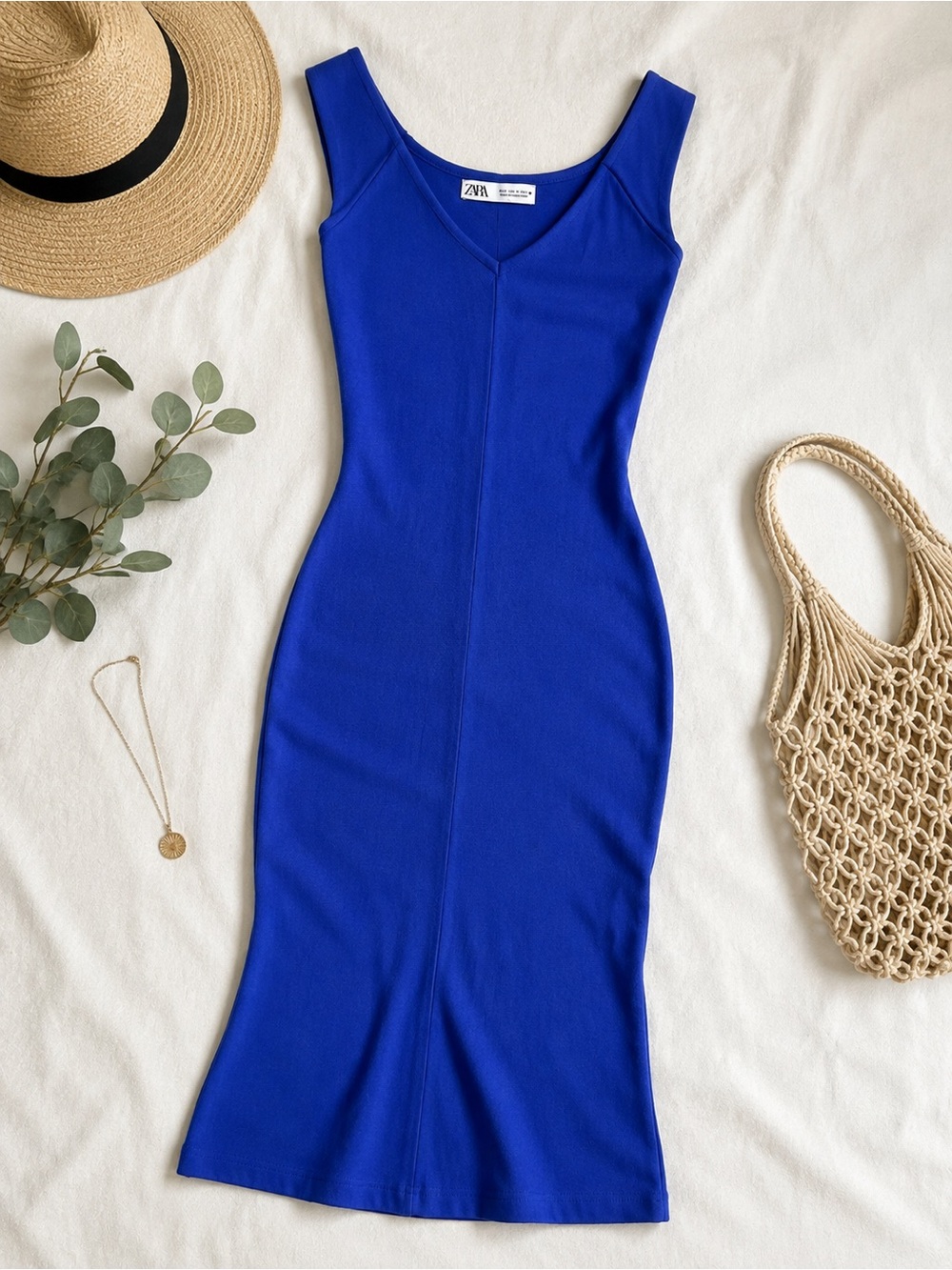ZARA Cobalt Blue Sleeveless V‑Neck Midi Dress